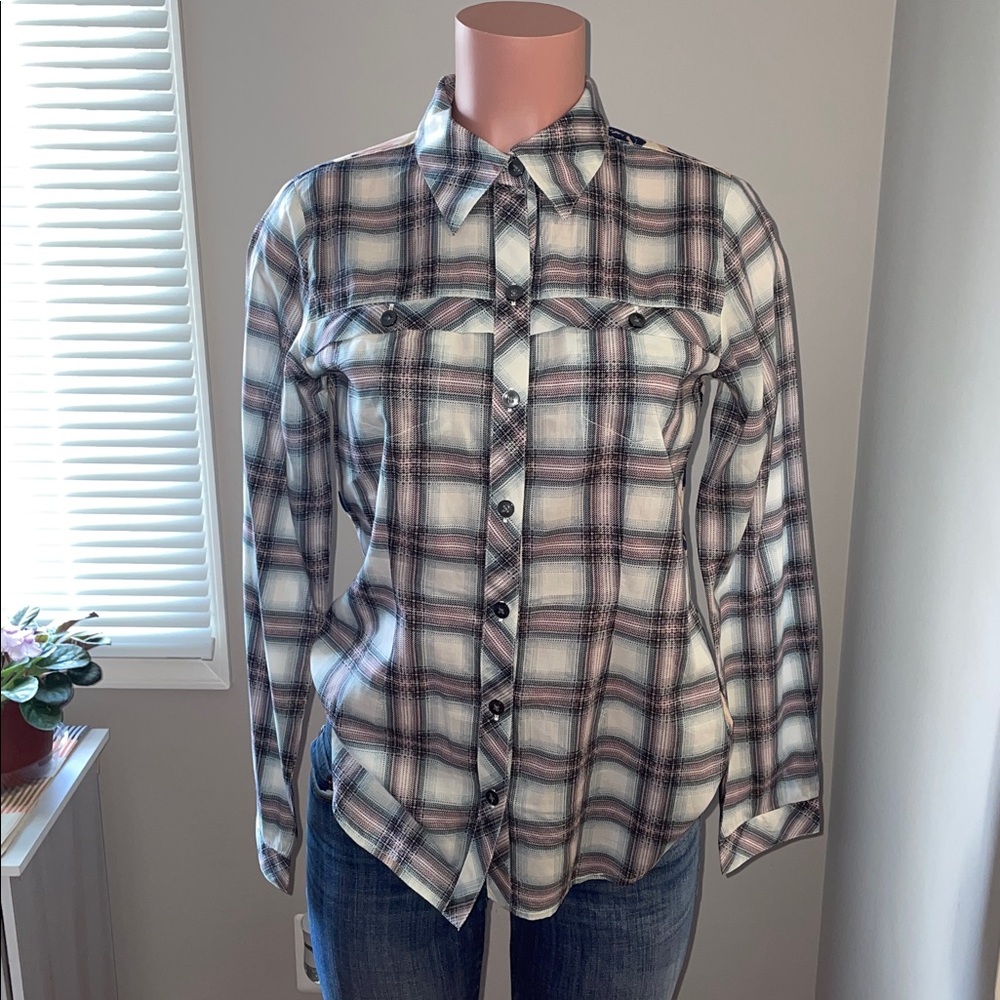 Cabi Button Down Shirt Festival Plaid Floral Back - XS